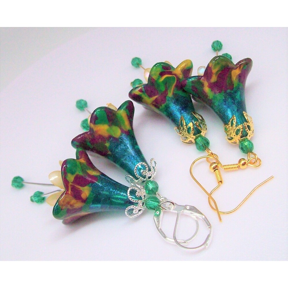 Boho Floral Earrings Gold or Silver, Multicolor, Hand Painted, Artisan Crafted F